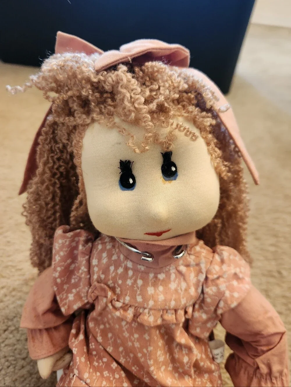 Made In Thailand 100% Cotton Doll Curly Brown Hair Pink Dress Bow Blue‎ Eyes 15